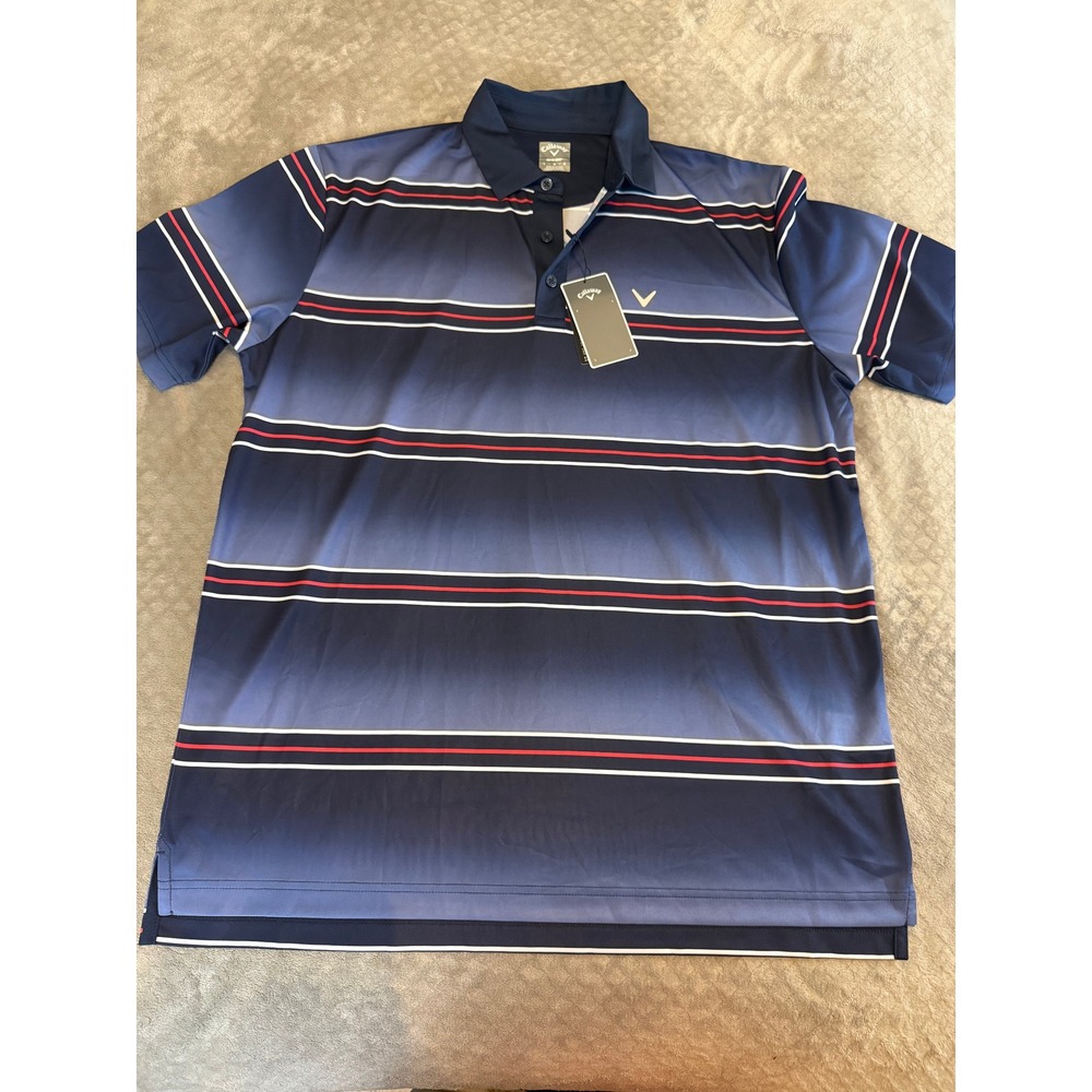 Callaway Mens Opti-Dri Golf Polo Shirt Blue Striped Peacoat CGKSC0E6 Large‎ NWT